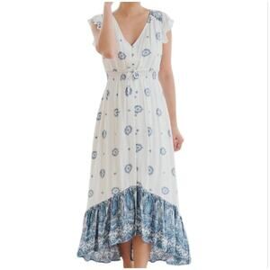 Anthropologie Kindred Blue White Flounce Maxi Dress Boho Flowy Size Medium